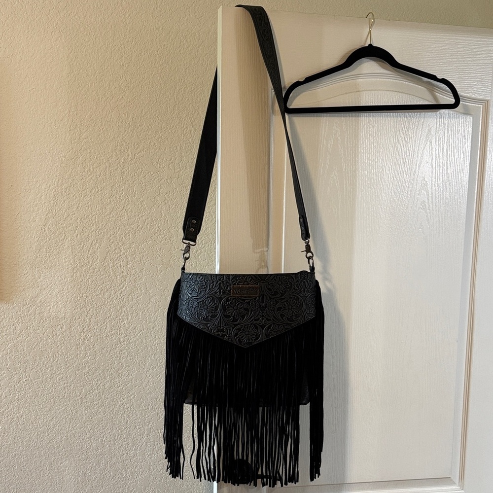Wrangler Black Oversized Crossbody Bag with Fringe